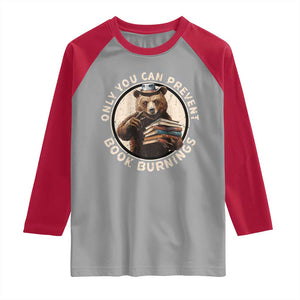 Funny Books Lover Bear Raglan Shirt Only You Can Prevent Book Burnings TS02 Sport Gray Red Print Your Wear