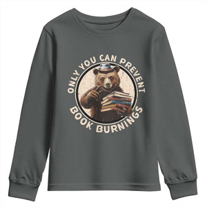Funny Books Lover Bear Youth Sweatshirt Only You Can Prevent Book Burnings TS02 Dark Heather Print Your Wear