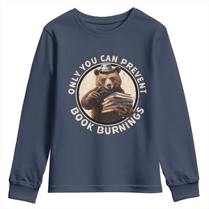 Funny Books Lover Bear Youth Sweatshirt Only You Can Prevent Book Burnings TS02 Navy Print Your Wear
