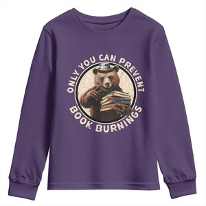 Funny Books Lover Bear Youth Sweatshirt Only You Can Prevent Book Burnings TS02 Purple Print Your Wear