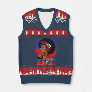 Haitian Queen Afro Melanin Graphic V-Neck Knit Sweater Vest Haiti Flag Heritage Pride TS02 Navy Red Print Your Wear