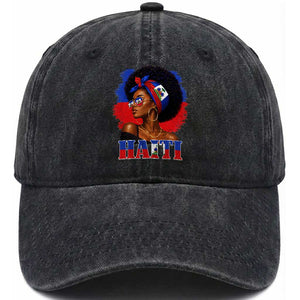Haitian Queen Afro Melanin Graphic Washed Cotton Baseball Cap Haiti Flag Heritage Pride TS02 Print Your Wear