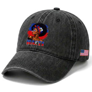 Haitian Queen Afro Melanin Graphic Washed Cotton Baseball Cap Haiti Flag Heritage Pride TS02 Print Your Wear