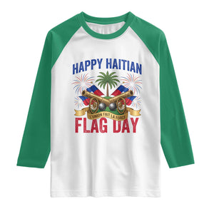 Happy Haitian Flag Day Celebration Graphic Raglan Shirt May 18 National Pride Haiti Heritage TS02 White Kelly Green Print Your Wear