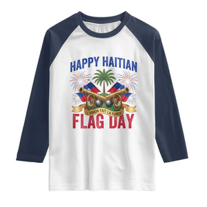 Happy Haitian Flag Day Celebration Graphic Raglan Shirt May 18 National Pride Haiti Heritage TS02 White Navy Print Your Wear