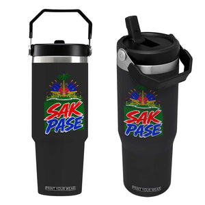 Sak Pase Haitian Creole Greeting Flip Straw Tumbler National Crest Cultural Haiti Pride TS02 One Size: 30 oz Black Print Your Wear