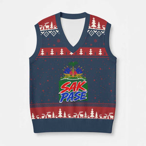 Sak Pase Haitian Creole Greeting V-Neck Knit Sweater Vest National Crest Cultural Haiti Pride TS02 Navy Red Print Your Wear