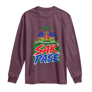 Sak Pase Haitian Creole Greeting Long Sleeve Shirt National Crest Cultural Haiti Pride TS02 Maroon Print Your Wear