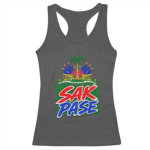 Sak Pase Haitian Creole Greeting Racerback Tank Top National Crest Cultural Haiti Pride TS02 Dark Heather Print Your Wear