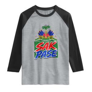 Sak Pase Haitian Creole Greeting Raglan Shirt National Crest Cultural Haiti Pride TS02 Heather Gray Black Print Your Wear