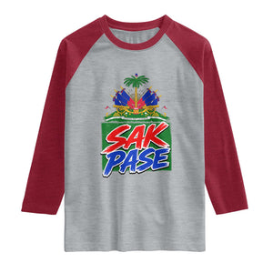 Sak Pase Haitian Creole Greeting Raglan Shirt National Crest Cultural Haiti Pride TS02 Heather Gray Heather Red Print Your Wear