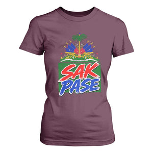 Sak Pase Haitian Creole Greeting T Shirt For Women National Crest Cultural Haiti Pride TS02 Maroon Print Your Wear