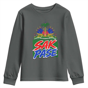 Sak Pase Haitian Creole Greeting Youth Sweatshirt National Crest Cultural Haiti Pride TS02 Dark Heather Print Your Wear