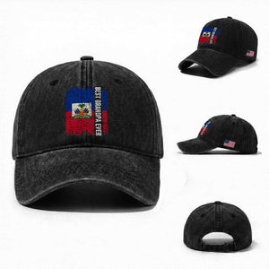 Best Grandpa Ever Haitian Granpapa Washed Cotton Baseball Cap Vintage Distressed Haiti Flag Father's Day TS02 Washed Cap Universal Fit Black Print Your Wear