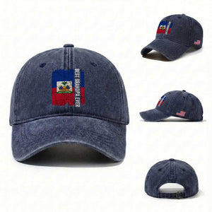 Best Grandpa Ever Haitian Granpapa Washed Cotton Baseball Cap Vintage Distressed Haiti Flag Father's Day TS02 Washed Cap Universal Fit Navy Print Your Wear
