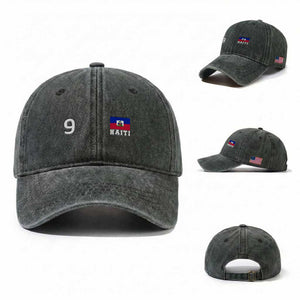 Haiti Soccer Jersey Style Number 9 Graphic Washed Cotton Baseball Cap Haitian Flag Football Sports Fan TS02 Washed Cap Universal Fit Dark Green Print Your Wear
