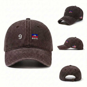Haiti Soccer Jersey Style Number 9 Graphic Washed Cotton Baseball Cap Haitian Flag Football Sports Fan TS02 Washed Cap Universal Fit Dark Brown Print Your Wear