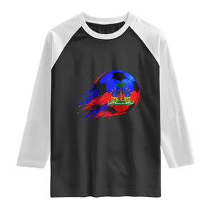 Haitian Flag Soccer Ball Splatter Graphic Raglan Shirt Haiti Football Sports Fan TS02 Black White Print Your Wear