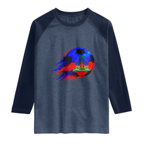 Haitian Flag Soccer Ball Splatter Graphic Raglan Shirt Haiti Football Sports Fan TS02 Heather Denim Navy Print Your Wear
