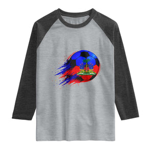 Haitian Flag Soccer Ball Splatter Graphic Raglan Shirt Haiti Football Sports Fan TS02 Heather Gray Heather Charcoal Print Your Wear