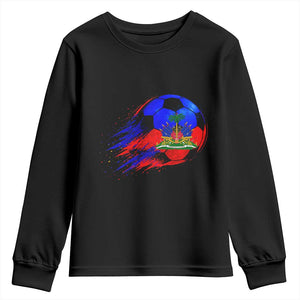 Haitian Flag Soccer Ball Splatter Graphic Youth Sweatshirt Haiti Football Sports Fan TS02 Black Print Your Wear