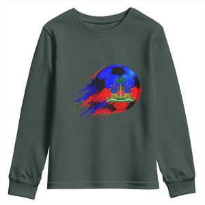 Haitian Flag Soccer Ball Splatter Graphic Youth Sweatshirt Haiti Football Sports Fan TS02 Dark Forest Green Print Your Wear