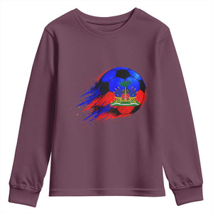 Haitian Flag Soccer Ball Splatter Graphic Youth Sweatshirt Haiti Football Sports Fan TS02 Maroon Print Your Wear