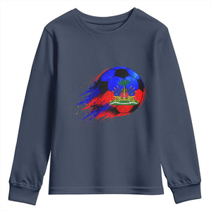 Haitian Flag Soccer Ball Splatter Graphic Youth Sweatshirt Haiti Football Sports Fan TS02 Navy Print Your Wear