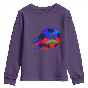 Haitian Flag Soccer Ball Splatter Graphic Youth Sweatshirt Haiti Football Sports Fan TS02 Purple Print Your Wear