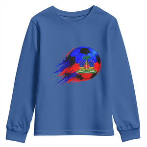 Haitian Flag Soccer Ball Splatter Graphic Youth Sweatshirt Haiti Football Sports Fan TS02 Royal Blue Print Your Wear