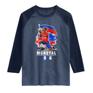 Mondyal 2026 Haiti Soccer Player Victory Celebration Graphic Raglan Shirt Haitian Flag Football Sports Fan TS02 Heather Denim Navy Print Your Wear