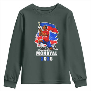 Mondyal 2026 Haiti Soccer Player Victory Celebration Graphic Youth Sweatshirt Haitian Flag Football Sports Fan TS02 Dark Forest Green Print Your Wear