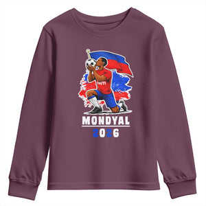 Mondyal 2026 Haiti Soccer Player Victory Celebration Graphic Youth Sweatshirt Haitian Flag Football Sports Fan TS02 Maroon Print Your Wear