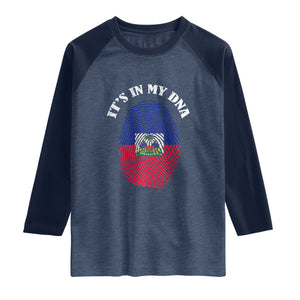 It's In My DNA Haitian Flag Fingerprint Graphic Raglan Shirt Haiti Heritage Pride TS02 Heather Denim Navy Print Your Wear