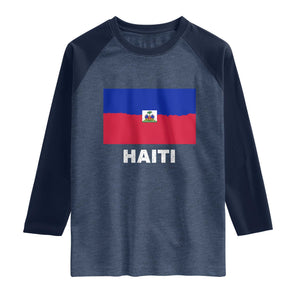 Vintage Distressed Haiti Flag Raglan Shirt Haitian Heritage Pride TS02 Heather Denim Navy Print Your Wear