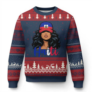 Beautiful Haitian Girl in Flag Baseball Cap Ugly Christmas Sweater Haiti Heritage Pride TS02 Navy Red Print Your Wear