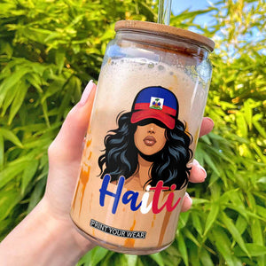 Beautiful Haitian Girl in Flag Baseball Cap Glass Can Haiti Heritage Pride TS02 Black Print Your Wear