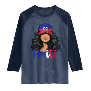 Beautiful Haitian Girl in Flag Baseball Cap Raglan Shirt Haiti Heritage Pride TS02 Heather Denim Navy Print Your Wear
