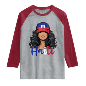 Beautiful Haitian Girl in Flag Baseball Cap Raglan Shirt Haiti Heritage Pride TS02 Heather Gray Heather Red Print Your Wear