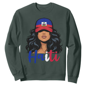 Beautiful Haitian Girl in Flag Baseball Cap Sweatshirt Haiti Heritage Pride TS02 Dark Forest Green Print Your Wear