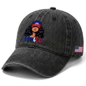 Beautiful Haitian Girl in Flag Baseball Cap Washed Cotton Baseball Cap Haiti Heritage Pride TS02 Print Your Wear