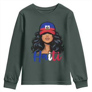 Beautiful Haitian Girl in Flag Baseball Cap Youth Sweatshirt Haiti Heritage Pride TS02 Dark Forest Green Print Your Wear