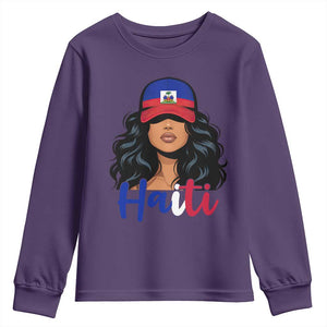 Beautiful Haitian Girl in Flag Baseball Cap Youth Sweatshirt Haiti Heritage Pride TS02 Purple Print Your Wear