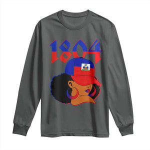 Haiti 1804 Curly Afro Queen Hoop Earrings Style Graphic Long Sleeve Shirt Haitian Heritage Pride TS02 Dark Heather Print Your Wear