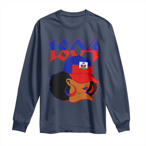Haiti 1804 Curly Afro Queen Hoop Earrings Style Graphic Long Sleeve Shirt Haitian Heritage Pride TS02 Navy Print Your Wear