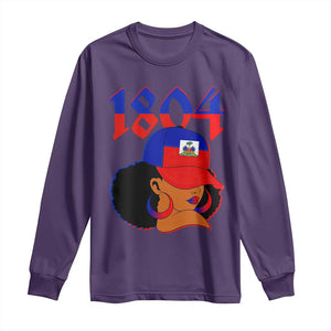 Haiti 1804 Curly Afro Queen Hoop Earrings Style Graphic Long Sleeve Shirt Haitian Heritage Pride TS02 Purple Print Your Wear