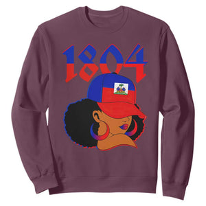 Haiti 1804 Curly Afro Queen Hoop Earrings Style Graphic Sweatshirt Haitian Heritage Pride TS02 Maroon Print Your Wear