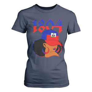 Haiti 1804 Curly Afro Queen Hoop Earrings Style Graphic T Shirt For Women Haitian Heritage Pride TS02 Navy Print Your Wear