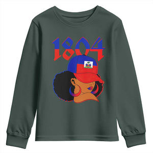 Haiti 1804 Curly Afro Queen Hoop Earrings Style Graphic Youth Sweatshirt Haitian Heritage Pride TS02 Dark Forest Green Print Your Wear