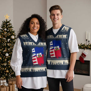 Haiti Flag Distressed Flag Graphic V-Neck Knit Sweater Vest Haitian Heritage Pride TS02 Navy Beige Print Your Wear
